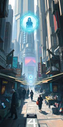 The image depicts a bustling, futuristic city street that appears to be set in an Asian metropolis, possibly Japan or China. The scene is filled with towering skyscrapers adorned with vibrant neon signs and advertisements, creating a dazzling, high-tech atmosphere. The street is lined with market stalls and small shops, where people are seen shopping and interacting. 

In the foreground, a man with white hair, dressed in a black coat, stands near one of the shops, engrossed in a tablet. The street itself is paved with large stone tiles, adding a touch of traditional elegance to the modern setting. 

Dominating the upper portion of the image is a large, glowing blue orb that hovers in the sky. Within this orb is the silhouette of a woman with short black hair, wearing a short-sleeved shirt. The orb appears to be casting light down onto the street below, adding to the surreal and advanced ambiance of the scene.