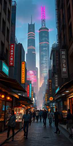 A bustling, vibrant street scene in a futuristic Shanghai. Neon signs illuminate traditional storefronts lining a narrow, cobblestone alleyway, flanked by towering, modern skyscrapers. People stroll past, adding to the lively atmosphere. The overall style is a blend of hyperrealism and stylized fantasy, emphasizing depth and atmospheric perspective with a warm, slightly hazy light.