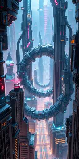 A futuristic, densely packed cityscape dominates the view. Towering, interconnected structures of dark metal and glowing neon lights rise in a complex, almost circular design. A central, colossal ring-like structure dominates the foreground, with smaller buildings and elevated roadways nestled within. The overall style is highly detailed and cyberpunk-inspired, emphasizing a vibrant, technologically advanced urban environment with a slightly hazy atmosphere.