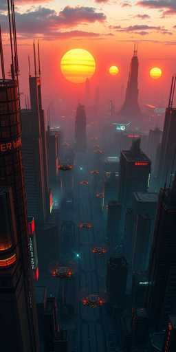 A futuristic cityscape bathed in a vibrant sunset dominates the view. Towering, neon-lit skyscrapers stretch into a hazy sky with three glowing suns. Flying vehicles zip between buildings, creating a sense of bustling activity in this cyberpunk-inspired scene. The overall style is highly detailed and atmospheric, emphasizing a dystopian yet technologically advanced urban environment.