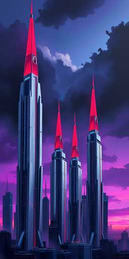 The image depicts a futuristic cityscape dominated by towering, sleek skyscrapers. The main subjects are four colossal, silver-blue buildings with vibrant red, pointed tops, suggesting a stylized, possibly sci-fi aesthetic. The buildings are arranged in a diminishing scale, with the tallest structure being centrally positioned and progressively smaller ones receding into the background. The overall art style is digital painting, emphasizing a dramatic, slightly ethereal atmosphere with a deep purple and pink color palette contrasting against the dark, cloudy sky. The composition creates a sense of grandeur and technological advancement.