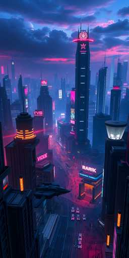 This image depicts a vibrant, futuristic cityscape at dusk, characterized by towering skyscrapers adorned with neon signs and billboards. The sky is a blend of blue and pink hues, with dark clouds adding to the dramatic atmosphere. Dominating the scene is a tall, black building with a pink star at its peak and a pink circle around it. Below, the streets are alive with activity, featuring a mix of cars and flying vehicles, including a black flying car. The city's neon-lit signs display various words, with "Videodrome" and "Rakik" being prominently visible. The overall aesthetic is reminiscent of a cyberpunk or dystopian setting, with the dark, towering buildings and glowing neon lights creating a striking contrast against the twilight sky.