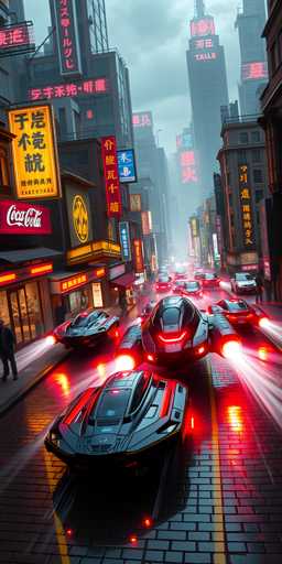 A vibrant, futuristic cityscape unfolds with sleek, glowing black and red hovercars zipping down a neon-lit street. Buildings tower on either side, adorned with bright signs in Japanese script and English, creating a bustling urban atmosphere. The scene is bathed in a dramatic, slightly hazy light, emphasizing the dynamic movement of the vehicles and the overall cyberpunk aesthetic.