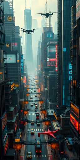This image depicts a bustling, futuristic cityscape reminiscent of a cyberpunk version of New York City. The scene is dominated by towering skyscrapers adorned with vibrant neon signs and billboards, casting a colorful glow over the city. The street below is alive with activity, featuring a mix of traditional cars and futuristic vehicles, including a prominent red flying car. The atmosphere is shrouded in a hazy, smoggy fog, adding to the dystopian ambiance. Two large drones hover above the street, while a red star-shaped object, possibly another drone, is visible in the sky. The overall color palette includes shades of red, orange, yellow, blue, black, and gray, enhancing the high-tech, neon-lit aesthetic of this urban environment.