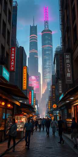 The image depicts a bustling city street at night with tall buildings lining the sides of the road and neon signs illuminating the area. The sky is painted in shades of blue, providing a contrast to the vibrant lights below. People can be seen walking along the sidewalk on both sides of the street, adding a sense of movement and life to the scene.