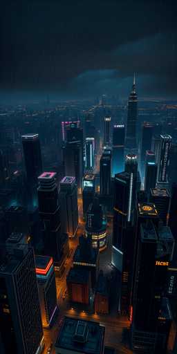 A stunning nighttime cityscape unfolds under a dark, cloudy sky. The scene is dominated by towering skyscrapers, their silhouettes illuminated by a myriad of lights. The buildings are adorned with vibrant neon signs in shades of purple, pink, and orange, casting a colorful glow over the streets below. The streets themselves are bathed in a warm, orange light, creating a striking contrast against the cool tones of the night sky. The overall ambiance is one of urban grandeur and energy, with the city's lights piercing through the darkness, painting a captivating portrait of modern metropolis life.