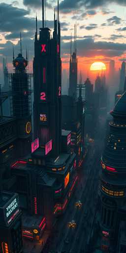 The image presents an aerial view of a futuristic cityscape at sunset. The city is densely populated with tall buildings that glow with neon lights and have large windows reflecting the warm hues of the setting sun. The sky above mirrors this glow, painted in shades of orange and pink by the sun's descent. The perspective of the photo is taken from a high angle, providing an expansive view of the city below.