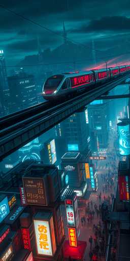 This image depicts a vibrant, futuristic cityscape at night, reminiscent of a cyberpunk version of Tokyo. The scene is dominated by towering skyscrapers adorned with bright, neon signs and billboards featuring Japanese characters. The sky is a deep blue, punctuated by dark clouds, adding to the moody atmosphere. A sleek, elevated monorail glides through the city, its front illuminated with a striking red light. The monorail's carriages are marked with red Japanese writing, and its roof is lined with red lights, enhancing its futuristic appearance. Below the monorail, a bustling street filled with people is visible, though individual faces are indistinguishable due to the distance. The overall color palette of the image is a blend of blues, blacks, and reds, with the neon signs providing vivid splashes of color against the dark backdrop.