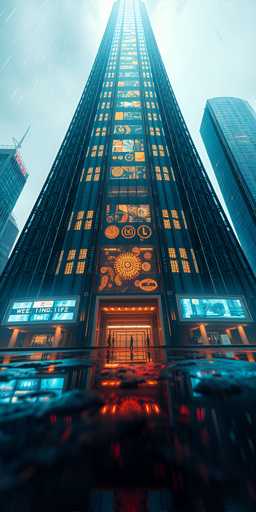 The image depicts a towering, futuristic skyscraper that dominates the scene with its impressive height. The building, primarily black, features numerous illuminated windows that cast a warm yellow glow, creating a striking contrast against the dark facade. The structure is adorned with various symbols and advertisements, particularly around its base, where large, glowing signs are visible. The entrance is marked by a prominent, illuminated doorway, adding to the building's grandeur. Flanking the main skyscraper are two smaller buildings, one on each side, which appear to be part of the same architectural complex. The sky above is a light blue, dotted with raindrops, adding a dynamic element to the scene. The ground below reflects the lights from the skyscraper, enhancing the overall ambiance of this futuristic cityscape.