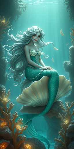 The image depicts a detailed, computer-generated illustration of a mermaid sitting gracefully on a large, cream-colored seashell. The mermaid, with long, flowing white hair that cascades down to her waist, has a serene expression and is adorned with a flower in her hair. She wears a green mermaid dress that features white seashell cups for her breasts and a string of pearls around her waist. Her tail is a darker green, blending seamlessly with the surrounding ocean. The scene is set underwater, where sunlight filters through the water, casting a gentle glow on the mermaid and her surroundings. Surrounding her are various elements of marine life, including small fish swimming nearby and vibrant coral formations. The coral is predominantly green and orange, with some pieces glowing like tiny lanterns, adding a magical touch to the underwater landscape. The overall atmosphere is one of tranquility and enchantment, capturing the ethereal beauty of the mermaid in her aquatic realm.