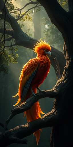 This image features a strikingly vibrant bird perched on a tree branch. The bird's plumage is predominantly a vivid orange, with its head adorned with spiky feathers that resemble a mohawk. Its beak is a light gray, contrasting with the bright orange of its body. The bird's wings showcase a beautiful gradient of colors, transitioning from orange to yellow and then to a deep blue at the tips. Its long tail feathers are also orange, adding to its overall colorful appearance.

The bird is perched on a tree branch that curves gracefully from the bottom left to the top right of the image. The branch is a dark brown, providing a stark contrast to the bird's bright colors. In the background, there are additional trees with green leaves, creating a lush, forested setting. Sunlight filters through the leaves, casting a warm glow on the scene and highlighting the bird's vibrant feathers. The overall composition captures the bird in a moment of serene beauty, set against the natural backdrop of its forest habitat.