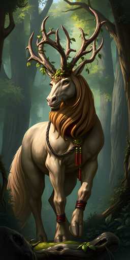 A majestic, ethereal deer with a moss-covered antler crown stands in a sun-dappled forest. The creature's pale body contrasts with the deep green foliage, its long, flowing mane and tail adding to its mystical aura. The background is softly blurred, emphasizing the deer as the central focus in this fantasy illustration.