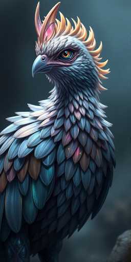 This image features a highly detailed, computer-generated depiction of a fantastical bird-like creature. The creature's body is predominantly blue, with a striking array of feathers that transition into shades of pink, purple, and brown towards the lower part of its body. Its head is adorned with spiky, orange feathers that resemble a mohawk, adding to its otherworldly appearance. The bird's eyes are a captivating blend of orange and blue, with a black pupil, giving it an intense gaze. Its beak is a light blue color, and it has a small, round nostril. The creature's neck is long and slender, covered in blue feathers that gradually shift to a mix of pink and purple. The background of the image is a dark, smoky blue, enhancing the mystical and ethereal quality of the scene. The creature's body is oriented to the right, but its head is turned to face the viewer, creating a dynamic and engaging composition.