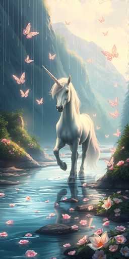 The image depicts an unicorn standing on a rock by a river with pink flowers and butterflies fluttering around it. The background features a mountain range under a clear blue sky.