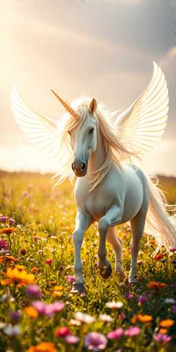 A white unicorn with long flowing hair is galloping through a field filled with colorful flowers and tall grass. The background features a sky with clouds and the sun shining brightly.