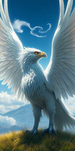 This image is a detailed, computer-generated illustration of a majestic white eagle, possibly a bald eagle, standing on a grassy hill. The eagle's wings are fully extended, showcasing its impressive span, and it stands with its head turned to the right, revealing a striking yellow eye and a sharp, curved beak. The eagle's talons are firmly planted on the grass, which is a mix of green and yellow hues. The background features a serene blue sky with wispy clouds, and a distant mountain range that adds depth to the scene. The overall composition is vertical, emphasizing the eagle's grandeur and the expansive sky above.