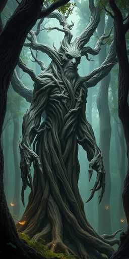 The image depicts a striking, computer-generated tree-like creature standing in a dense forest. This humanoid entity, with a face that resembles a man's, features glowing yellow eyes and a beard. Its body is composed of intertwined branches and roots, forming a muscular torso and arms that end in long, claw-like fingers. The creature's head is adorned with branches that extend outward like horns, and its body is covered in a mix of brown and gray hues. The creature stands on a patch of green grass, surrounded by tall trees with green leaves. The background is filled with a misty fog, adding to the eerie atmosphere. Scattered around the base of the creature are small, glowing orange lights, resembling fireflies or butterflies, which add a touch of warmth to the otherwise dark and mysterious scene.