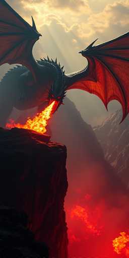 A majestic dragon dominates the scene, its body stretching from the left to the right side of the image. The creature's head is positioned at the center, with its body curving gracefully to the left. Its wings are fully extended, showcasing a striking contrast of red and black hues. The dragon's body is adorned with black spikes, adding to its fierce appearance. Its eyes are a piercing red, and its mouth is wide open, unleashing a powerful stream of fire. The flames are a brilliant mix of yellow, orange, and red, casting an intense glow. Below the dragon, the ground is engulfed in flames, with the fire appearing predominantly red. The dragon stands on a rugged cliff, which is black and gray in color. In the background, a majestic mountain range rises, with peaks that are a blend of white and gray. The sky above is filled with clouds, through which the sun's rays stream, casting a golden light over the entire scene.