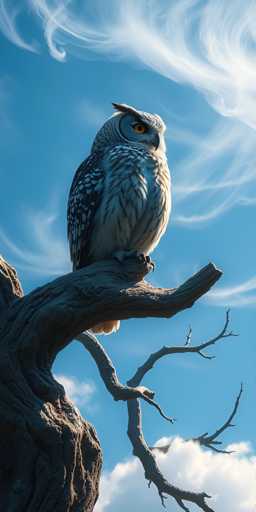 A stunning photograph captures a majestic owl perched on a gnarled, leafless tree branch. The owl, with its piercing orange eyes and sharp beak, gazes intently to the right. Its plumage is a striking combination of white and black, with intricate patterns adorning its wings and a predominantly white chest. The tree branch, characterized by its twisted and broken form, adds a sense of ruggedness to the scene. The backdrop features a clear blue sky with wispy clouds, and the sun's rays gently illuminate the owl's face, enhancing the overall beauty of this serene moment.