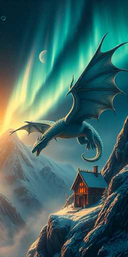 The image depicts a dragon soaring through the sky above a small cabin nestled on a mountain peak. The dragon is depicted with wings spread wide and its tail curled up behind it as it flies towards the right side of the frame. Below the dragon, there's a small cabin painted in shades of brown and white, situated at an angle that makes it appear to be perched atop the mountain.
The sky above them is filled with vibrant colors, including hues of blue and green from the Aurora Borealis (Northern Lights).