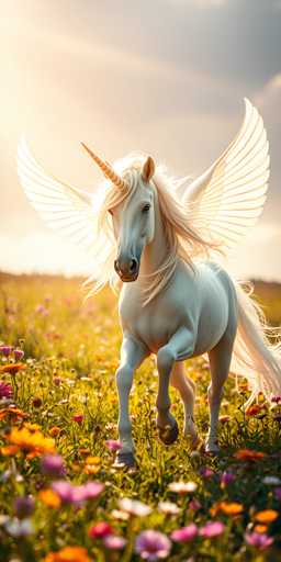 This is a detailed, computer-generated image of a majestic white unicorn standing in a vibrant field of wildflowers. The unicorn, with its long, flowing mane and tail, has a striking golden horn on its forehead and large, expressive black eyes. Its wings, which are spread wide, are a light golden color, adding to its ethereal appearance. The unicorn's front legs are slightly raised, giving the impression that it is about to take a step. The field around it is a colorful tapestry of flowers in shades of pink, orange, yellow, purple, and white, with green stems and leaves. The background features a bright, sunny sky with a few clouds, and the sunlight casts a warm glow over the entire scene, enhancing the magical and serene atmosphere.