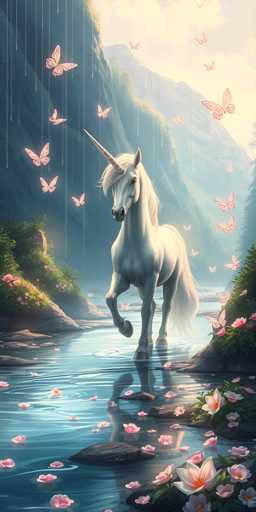 This detailed illustration depicts a majestic white unicorn standing in a shallow, light blue stream adorned with pink and white flowers. The unicorn, with its long, pointed horn and flowing white mane and tail, is positioned centrally in the image, facing slightly to the left. Its right front leg is raised, while the left front leg is planted in the water, and its back legs are firmly on the ground. The scene is set against a backdrop of lush greenery and rocky hillsides, with a majestic mountain range in the distance. Pink butterflies, numbering around 15 to 20, flutter around the unicorn, adding a whimsical touch to the serene landscape. The sky above is a blend of blue and white, with sunlight filtering through, casting a gentle glow on the unicorn's back. The overall composition exudes a sense of tranquility and enchantment, capturing the ethereal beauty of the unicorn in its natural habitat.