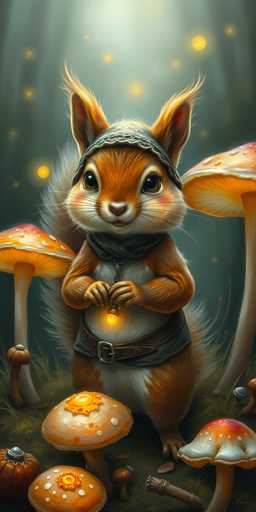 This detailed digital illustration features a whimsical, anthropomorphic squirrel standing upright in the center of the image. The squirrel, with its reddish-brown fur and white belly, has large, expressive black eyes and a small, white nose. It wears a grayish-brown cap that resembles a beanie, along with a black scarf and a brown belt with a silver buckle. The squirrel's hands are clasped together, holding a glowing lantern that emits a yellow light.

Surrounding the squirrel are numerous mushrooms of various sizes and colors. Directly in front of it is a large mushroom with a yellow cap and orange spots. To the left, there's a tall mushroom with a red cap and white spots, while to the right, a smaller mushroom with a red cap and white spots can be seen. The background is a dark, grayish-green hue, illuminated by a light source from above, casting a mystical glow over the scene. The overall atmosphere is enchanting and magical, with the squirrel appearing to be in a enchanted forest setting.