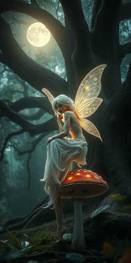 A delicate, ethereal fairy with flowing white hair and translucent wings sits gracefully on a glowing mushroom in a mystical forest. The scene is bathed in soft moonlight, with a full moon partially obscured by the dark, gnarled branches of ancient trees. The fairy's pose is serene and contemplative, her gaze directed downwards. The overall art style is dreamlike and fantastical, emphasizing a sense of enchantment and tranquility.