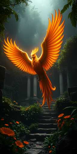 The image depicts a majestic, large bird with vibrant orange and yellow feathers, reminiscent of a phoenix. Its wings are spread wide, showcasing an impressive wingspan, and it stands on a set of stone steps that lead up to an ancient, overgrown structure. The bird's head is turned to the left, revealing a sharp, curved beak and a striking yellow crest that extends from its head down to its neck. The background is filled with lush greenery, including trees and bushes, with orange flowers adorning the bottom corners of the image. The scene is shrouded in a misty atmosphere, adding to the mystical and enchanting ambiance. The bird's tail feathers are long and pointed, with one feather notably curled at the end, enhancing its regal appearance.
