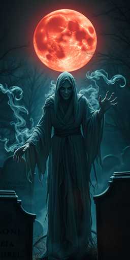 The image depicts a chilling scene set in a graveyard at night. Dominating the center is a sinister figure, possibly a witch or ghost, draped in a tattered, grayish robe with a hood that obscures its head. The figure's face is menacing, with glowing blue eyes and a mouth twisted into a malevolent grin. Its arms are outstretched, palms up, as if casting a spell or commanding the elements. Surrounding the figure is wispy, smoky blue mist that adds to the eerie atmosphere. Above the figure, a large, blood-red moon casts an ominous glow, its craters and surface details clearly visible. The background features silhouettes of bare, leafless trees and several gravestones, one of which is partially legible with the names "Gen Licks" and "Clorid." The overall color palette is dominated by shades of blue, gray, and black, enhancing the spooky and mysterious mood of the scene.