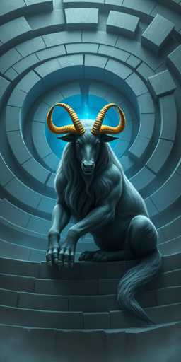 The image depicts a highly detailed, computer-generated 3D model of a minotaur-like creature, combining features of a gray goat and a muscular human. The creature is seated on a set of stone steps, with its front legs resting on the second step and its hind legs on the third. It has a long, flowing mane of white hair cascading down its chest and back, and a thick, bushy tail. Its face is adorned with large, curved yellow horns that extend outward and then curve back inward, and it has small, pointed ears. The creature's eyes are yellow, and it has a long snout with a black nose. Its hands and feet are equipped with sharp, yellow claws. The background features a circular stone wall with a large, glowing blue opening at the center, casting a bright light that illuminates the creature. The overall scene is rendered in shades of gray, blue, and yellow, creating a mystical and intense atmosphere.