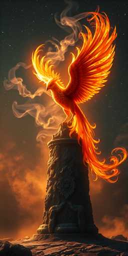 The image depicts a majestic phoenix perched atop a stone pedestal. The phoenix is adorned with vibrant orange and red feathers that contrast beautifully against the gray background of the sky. The stone pedestal serves as a base for the mythical creature, adding to its regal appearance. The perspective of the image is from below, looking up at the phoenix, which enhances its grandeur and dominance in the scene.