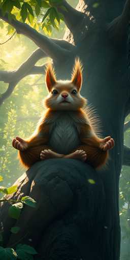 A cartoon squirrel sits on a tree branch with its paws crossed and its eyes closed, facing the camera. The background is filled with green leaves and branches of trees, creating an impressionistic style that emphasizes light and shadow to create depth in the image.