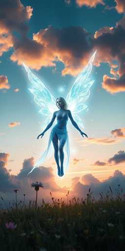 The image depicts a striking, computer-generated scene of a female angel or fairy floating above a lush, green field filled with tall grasses and wildflowers. The fairy, with long blonde hair, is adorned in a flowing blue dress that features a transparent skirt and a white belt. Her arms are outstretched, and her legs are together, giving her a serene, almost floating appearance. She has large, light blue wings with intricate patterns and a glowing aura around her. The sky behind her is a deep blue, transitioning to a sunset with hues of orange and pink, and dotted with dark clouds. The fairy's face is illuminated by a bright light, adding to the ethereal quality of the scene.