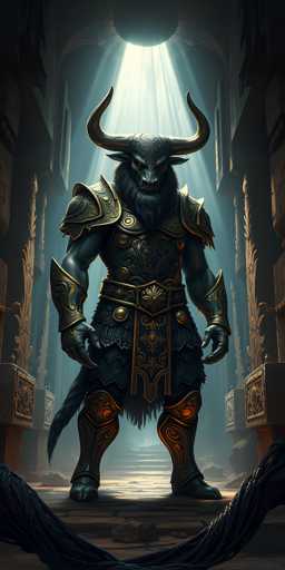The image depicts a highly detailed, computer-generated graphic of a mythical creature that appears to be a minotaur or gargoyle. The creature stands in a grand, ornate hall with tall, intricately carved stone columns on either side, and a large circular opening at the top allowing sunlight to stream down. The creature itself has the head of a bull, complete with large, curved horns that extend outward and then curve back inward. Its eyes are a striking red, and it has a long, flowing black beard and mustache. The creature's body is that of a humanoid, clad in elaborate gold and black armor that includes shoulder pads, a chest plate, a belt, and shin guards. Its arms are bare, revealing black skin, and it has sharp claws on its hands. A long, black tail extends from its back. The creature stands with its hands at its sides, looking directly at the viewer, exuding a sense of power and mystique.