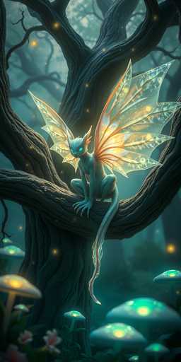 The image depicts a fantastical scene set in a dark, nighttime forest. At the center, a large, gnarled tree with twisted branches and a thick trunk stands prominently. Perched on one of the lower branches is a small, blue, lizard-like creature with glowing, turquoise eyes and a long, translucent tail. The creature has delicate, transparent wings with orange veins, adding to its ethereal appearance. Surrounding the tree are numerous glowing mushrooms, some with a greenish-blue light and others with a yellowish hue, casting an otherworldly glow on the scene. The forest floor is dotted with pink flowers, and the background reveals more trees, some of which are also illuminated by the mushrooms. The overall atmosphere is dark and mysterious, with the creature and the glowing flora providing the main sources of light.