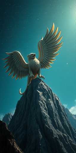 The image depicts a majestic, mythical creature perched atop a jagged mountain peak. This creature, resembling a blend of a bird and a dragon, features an impressive wingspan with feathers that transition from white to a golden hue at the tips. Its body is predominantly white, with a long, curved tail that ends in a crescent moon shape. The creature's sharp claws, also white, grip the rocky surface firmly. Its beak is open, revealing a hint of yellow inside, and its eyes are squinted, giving it an intense, watchful expression. The background showcases a starry night sky with a gradient from dark blue to lighter shades, and a bright moon shining from the right side. Below the creature, the mountain is surrounded by other peaks, with a particularly dark, shadowy mountain in the bottom left corner. The overall scene exudes a sense of grandeur and mystique, capturing the essence of a fantastical world.