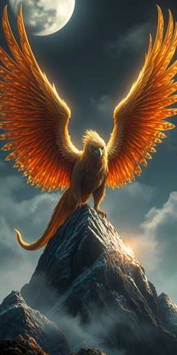 This digital artwork depicts a majestic, mythical creature perched atop a snow-capped mountain peak. The creature, resembling a hybrid between a bird and a dragon, features enormous, outstretched wings that are predominantly orange with hints of yellow. Its body is covered in brown feathers, and it has a long, curved tail that extends to the left. The creature's head is adorned with a striking white beak and piercing yellow eyes, giving it an intense, almost menacing gaze. The background showcases a dark, cloudy sky with a large, luminous moon in the upper left corner, casting a soft glow over the scene. The mountain itself is rugged and rocky, with patches of snow and a hint of sunlight peeking from behind the creature's tail. The overall composition creates a dramatic and otherworldly atmosphere, emphasizing the creature's dominance and the serene yet mysterious environment.