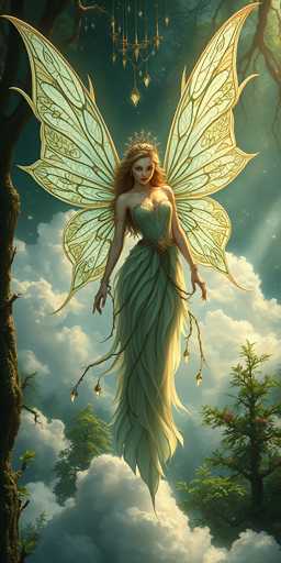 A beautiful, ethereal fairy floats in a fantastical forest scene. She has long, flowing blonde hair adorned with a delicate crown of leaves and sparkling gems. Her wings are large and intricately detailed, shimmering with golden light. She wears a flowing gown of pale green fabric that seems to blend into the surrounding mist and clouds. Her expression is serene, with gentle eyes looking upwards. The background features soft, fluffy clouds and lush green trees, creating a magical and dreamlike atmosphere.