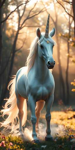 A majestic white unicorn with a flowing, golden mane and tail stands in a sun-drenched forest clearing. The unicorn's horn is a shimmering, golden spiral, and it gazes gently towards the viewer. Soft sunlight filters through the trees, creating a warm, ethereal atmosphere. The background is blurred, emphasizing the unicorn as the central focus. The art style is a blend of fantasy and realism, with a soft, painterly quality.