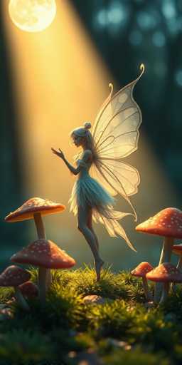 The image depicts a detailed, computer-generated scene of a fairy standing on a grassy hillside. The fairy, with long blonde hair styled in a bun, is wearing a white dress adorned with frills and has delicate, translucent wings that shimmer with a golden hue. She stands gracefully on her tiptoes, her arms raised in front of her, and her dress billows behind her, adding to the ethereal quality of the scene. Surrounding her are several red-capped mushrooms with white spots, some towering over her and others smaller. The grass beneath her feet is a vibrant green, dotted with small rocks. In the background, a dark, shadowy forest looms, while a large, glowing moon in the top left corner casts a radiant yellow light across the entire scene, creating a magical and enchanting atmosphere.