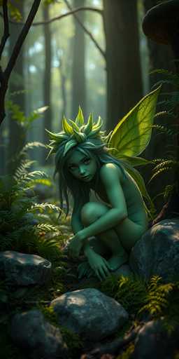 A green fairy with long hair and a crown sits on a rock surrounded by ferns in a forest setting.
