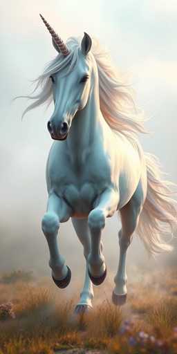 This image features a stunning, computer-generated white unicorn in mid-gallop, running towards the viewer. The unicorn's body is predominantly white, with a slightly bluish tint on its face, and it has a prominent spiral horn on its forehead. Its mane and tail are a light blonde, almost white, with the tail flowing behind it as it runs. The unicorn's hooves are black with red accents, and it has a pinkish nose. The background is a misty, foggy landscape with a light blue sky, transitioning to a brownish field with tall grass and scattered pink flowers. The overall scene is ethereal and dreamlike, with the unicorn appearing to be the central focus against the soft, blurred backdrop.