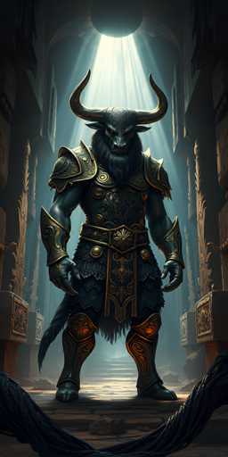 The image depicts a character with horns and a beard standing on a platform within an ancient temple. The character is wearing a suit of armor that includes a helmet and breastplate, suggesting a warrior or knightly role. The background features columns and arches, which are common architectural elements in temples.