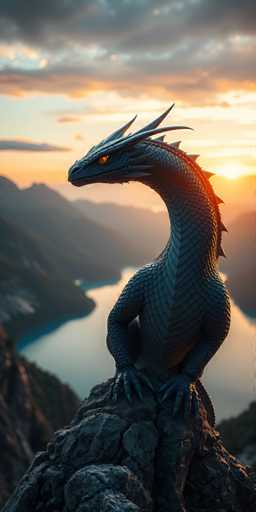 The image shows a dragon statue perched on a rock formation overlooking a lake at sunset. The dragon is facing the camera and has its wings spread out as it basks in the warm glow of the setting sun. The sky above is painted with hues of orange and yellow, creating a serene backdrop for this majestic creature.