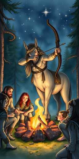 A group of people, including a centaur, are gathered around a crackling campfire in a moonlit forest. The scene is rendered in a detailed, painterly style with soft lighting and warm colors emanating from the fire. The centaur is positioned prominently, aiming a bow at a distant star, while the human figures are huddled around, looking up in awe. The overall atmosphere is one of wonder and enchantment.