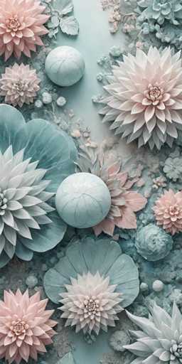 The image showcases a top-down, abstract floral arrangement with a soft, muted color palette of pastel blues and pinks. Large, intricately layered flower-like forms dominate the composition, interspersed with smooth, spherical elements resembling polished stones or decorative balls. The arrangement is densely packed, creating a visually rich and textured surface with an overall serene and artistic aesthetic. The style leans towards a digital illustration, emphasizing intricate detail and a dreamlike quality.