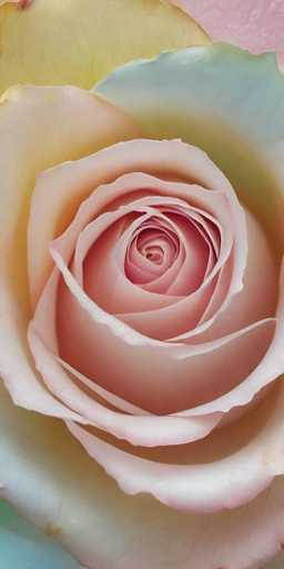 This image features a stunning close-up of a rose in full bloom, captured from a top-down perspective. The rose's petals are meticulously layered, creating a mesmerizing spiral effect that draws the eye towards the center. The outer petals exhibit a delicate blend of light pink and white hues, while the inner petals transition to a deeper, more intense pink. The petals appear soft and slightly curled, adding to the flower's natural beauty. The background is a harmonious mix of colors, with shades of yellow, blue, and green, enhancing the rose's vibrant appearance. The overall composition is simple yet captivating, focusing solely on the rose and its intricate details.