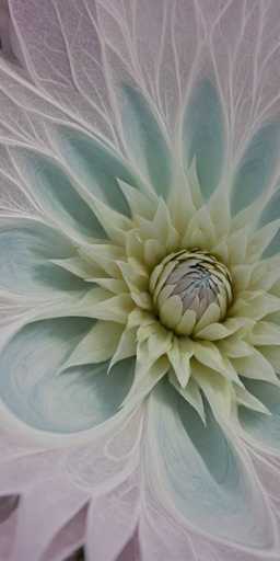 This image showcases a stunning close-up of a flower, likely a dahlia, with intricate details and vibrant colors. The flower's petals are arranged in a mesmerizing pattern, starting from a tightly closed center and gradually expanding outward. The innermost petals are a delicate light pink, almost white, with a subtle hint of purple. As the petals extend outward, they transition into a soft light blue, creating a beautiful gradient effect. The outermost petals are larger and predominantly white, with a slight pinkish tint at the tips. The flower's center is densely packed with small, tightly curled petals, giving it a textured appearance. The overall composition is vertical, emphasizing the elongated beauty of the flower. The image is so detailed that it almost resembles a meticulously crafted drawing, capturing the essence of nature's artistry.