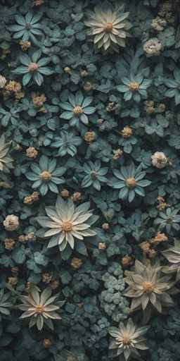 This image is a detailed, computer-generated illustration of a dense field of flowers, predominantly in shades of blue, teal, and gray. The flowers are arranged in a close-up, top-down view, creating a textured, almost three-dimensional effect. The petals vary in shape, with some being round and others more oval, and they are interspersed with small, brownish-orange buds that resemble tiny corn nuts. The overall composition is dominated by a bluish-green hue, with the flowers and leaves blending together in a seamless, almost abstract manner. The image is rectangular, approximately six inches high and three inches wide, with no border or text, focusing entirely on the intricate floral pattern.